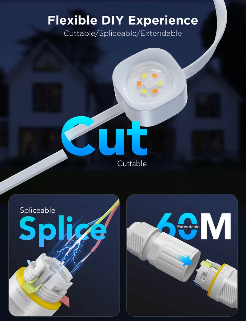 Flexible build — the strand is cuttable, spliceable and extendable up to 60 metres