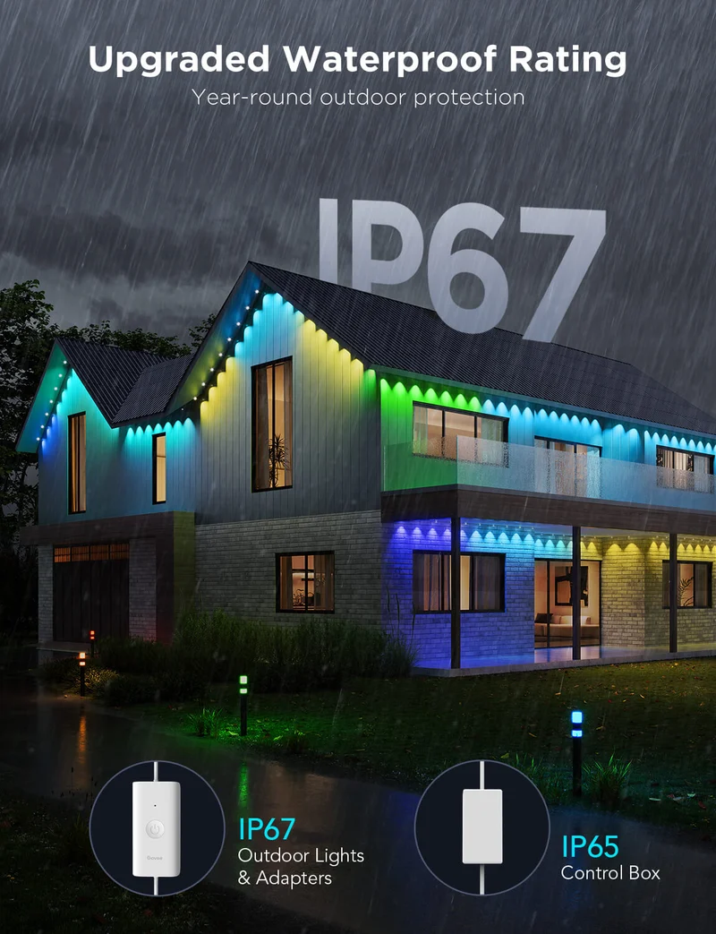 Upgraded waterproof rating — IP67 lights and adapters with an IP65 control box for year-round outdoor protection