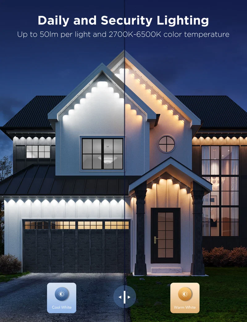Daily and security lighting — dedicated cool-white to warm-white diodes spanning 2700K to 6500K, up to 50 lumens per light