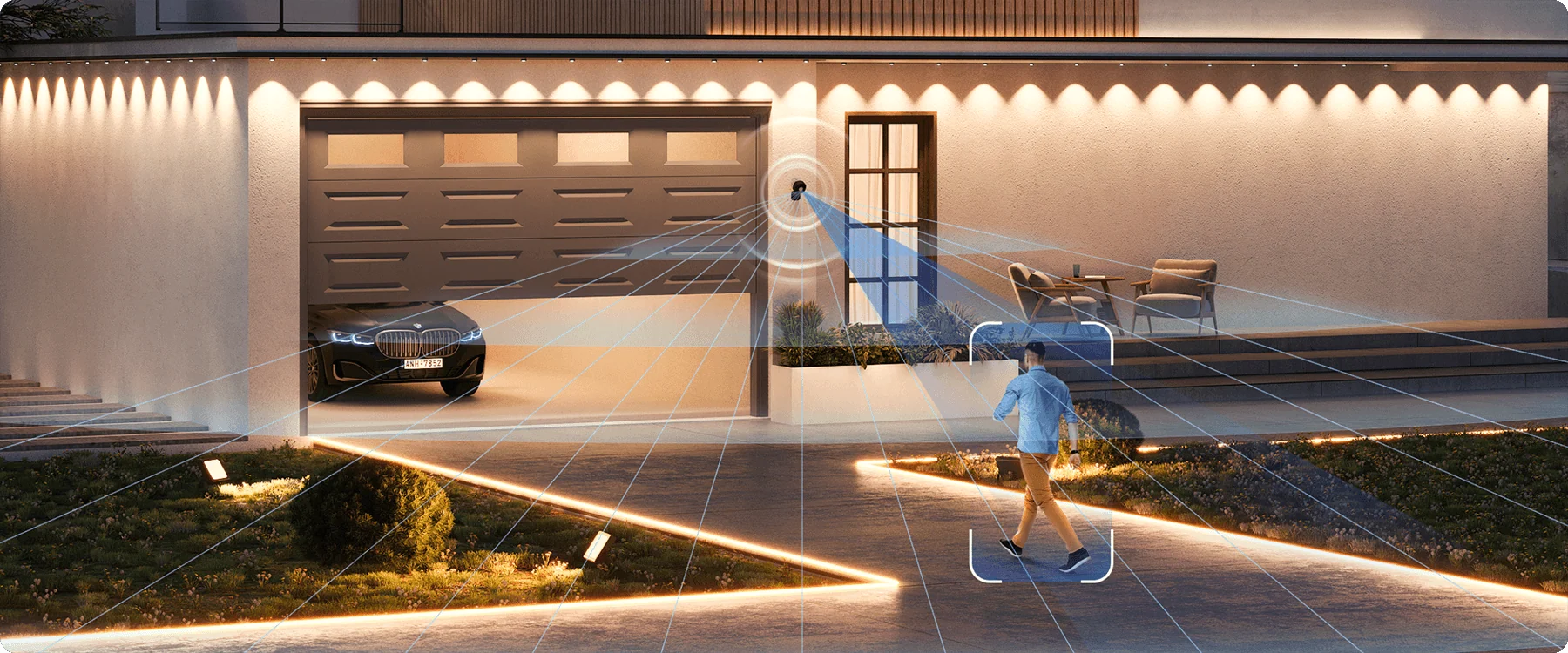 A home with warm-white Govee Permanent Outdoor Lights Pro outlining every roofline and eave at dusk